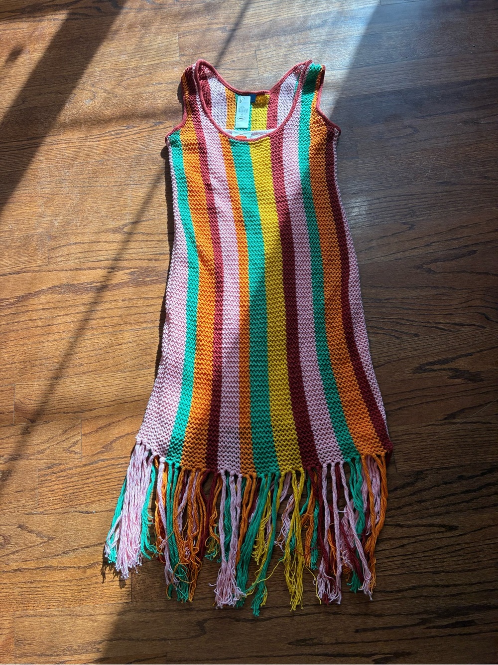 Farm Rio Multi-Color Crochet Striped Fringe Dress
